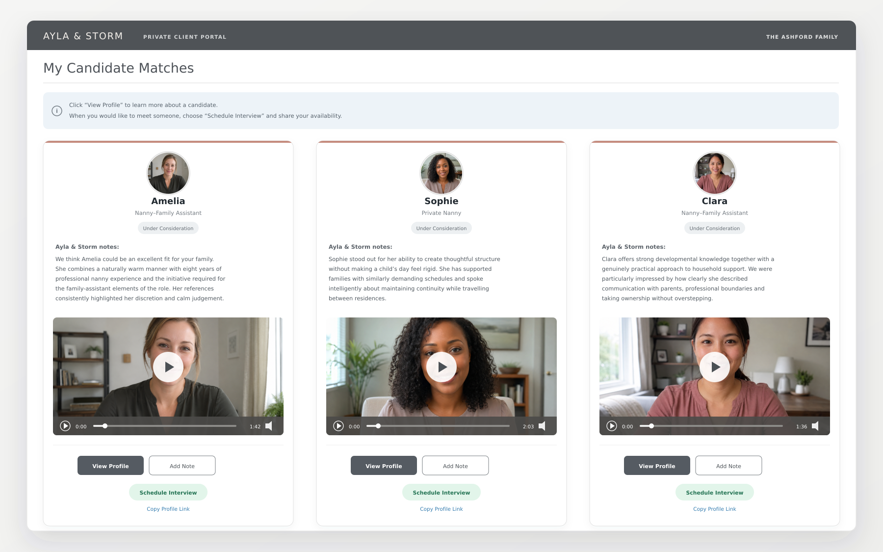 Illustrative candidate-match portal showing three professionals, written match notes, introduction videos and interview actions.