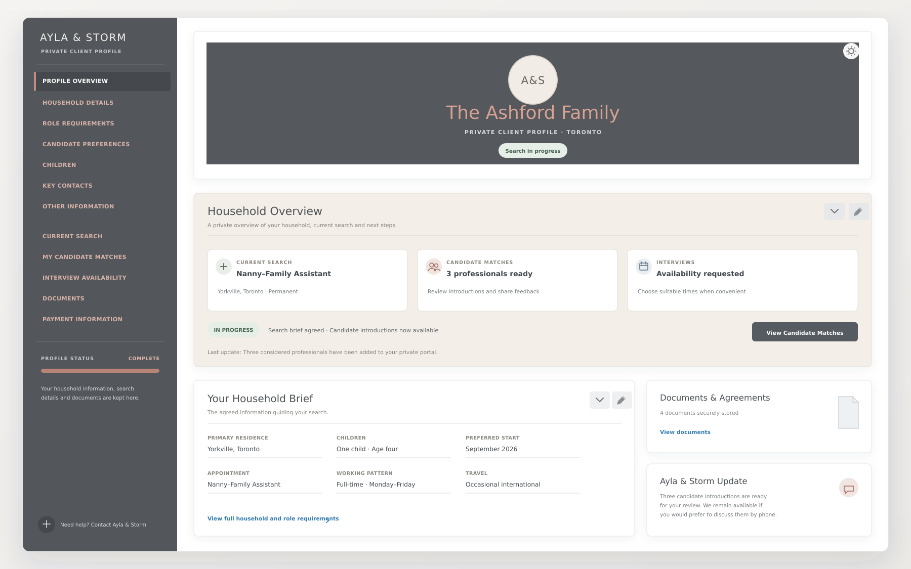 Illustrative Ayla & Storm private client dashboard showing household brief, search progress, candidate matches and documents.